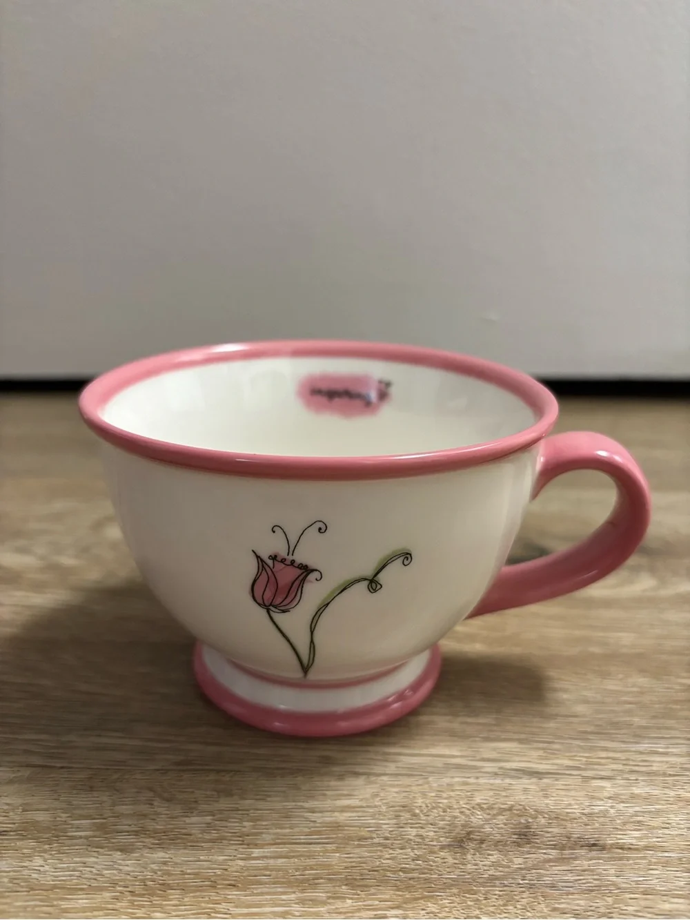 Starbucks Cream Ceramic Teacup with Pink Trim and Floral Motif